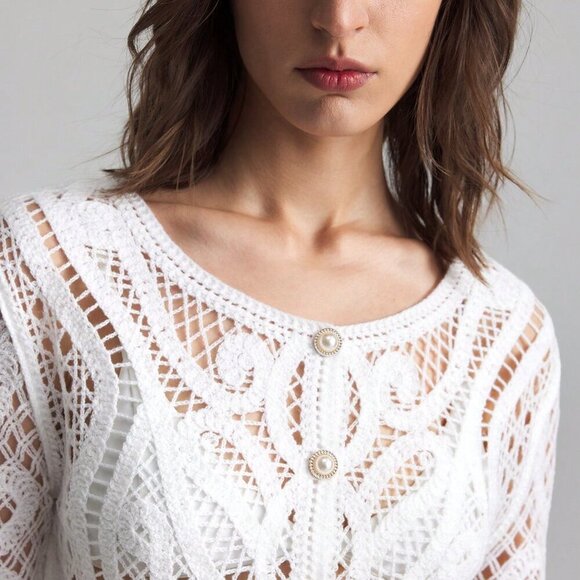 White Casual Women's Crew Neck Long Sleeve Sheer Front Button Up Blouse - Picture 10 of 11